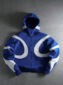 PAVTROS 男士街头风拼接拉链连帽衫，街头服饰，朋友，情侣装，宽松版型，男士，印花，日系风格，男女通用，我爱我的女朋友 - 藍色 - 查看 3