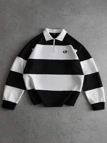 PAVTROS Men's Fashion Striped Long Sleeve Casual Loose Polo Shirt.Streetwear,Friends,Matching,Baggy,For Men,Graphic,Japanese Style,Unisex,I Love My Girlfriend - Black and White - View 3