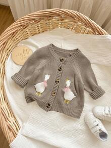 SHEIN 新生女宝宝可爱卡通图案针织开衫，适合秋冬季节穿着