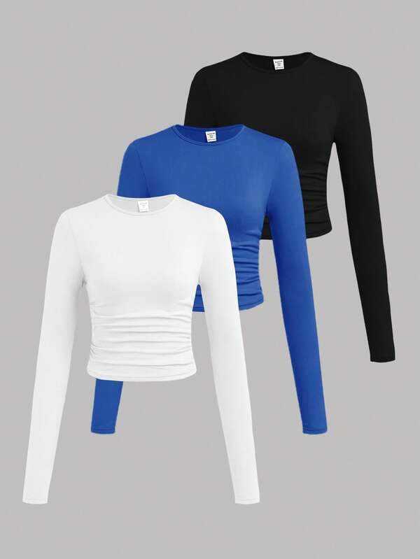 SHEIN Girlism 3pcs/Set Teen Girl Solid Color Crew Neck Ruched Long Sleeve T-Shirts Fall Winter