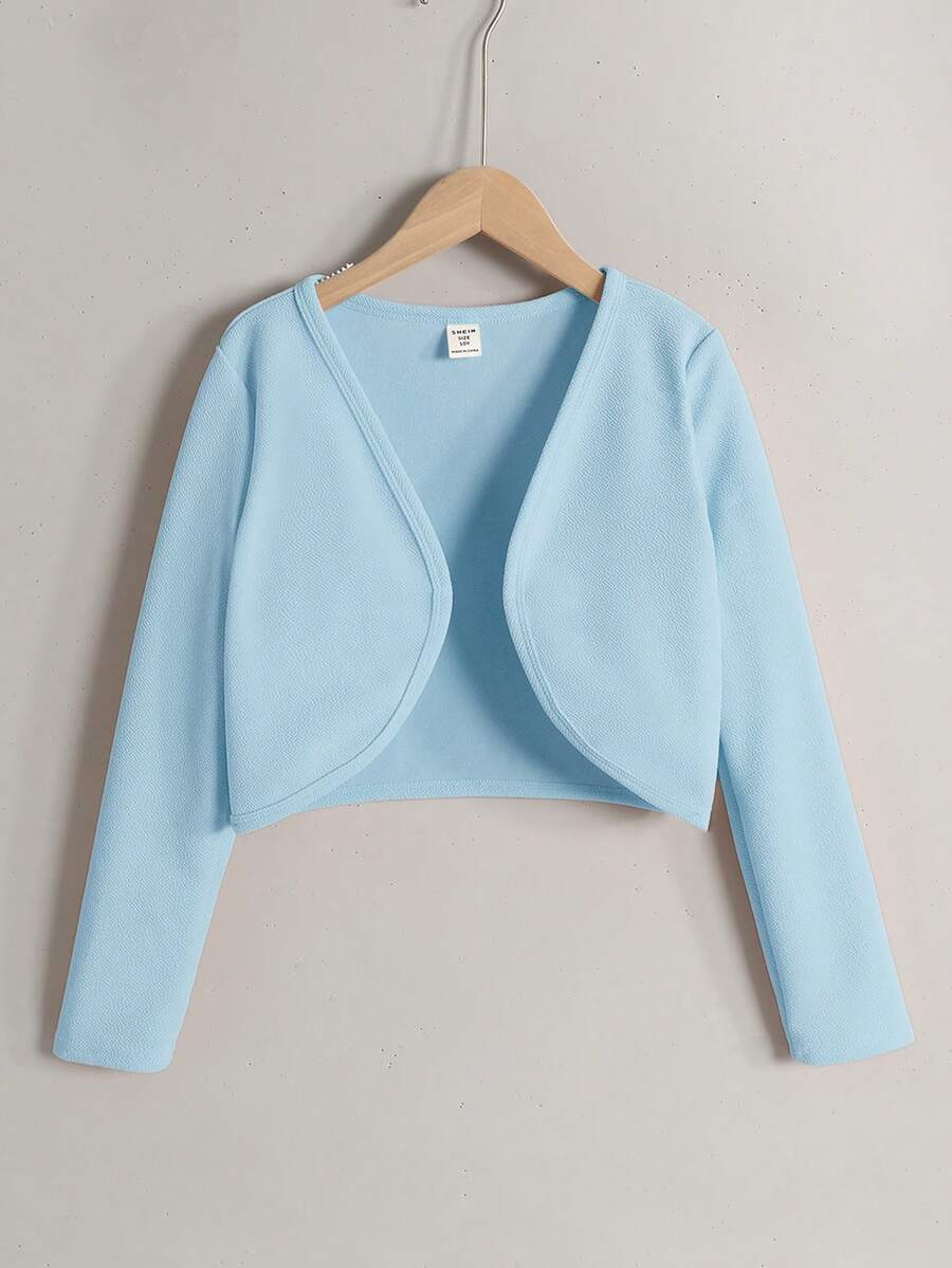 SHEIN 少女通勤休闲纯色针织长袖短款开衫 - 淺藍色 - 查看 1
