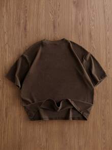 TOKVUE 男士休闲运动舒适纯色短袖棕色T恤，男士棕色上衣，冬季 - 咖啡棕 - 查看 2