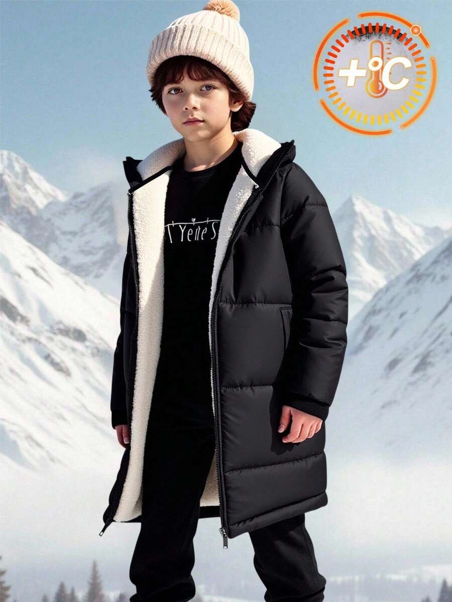 SHEIN 1pc Young Boy Casual Collegiate Thermal Lined Padded Knee-Length Hooded Quilted Coat,Practical Fashion Versatile Contrast Jacket For Autumn/Winter - Black - View 1