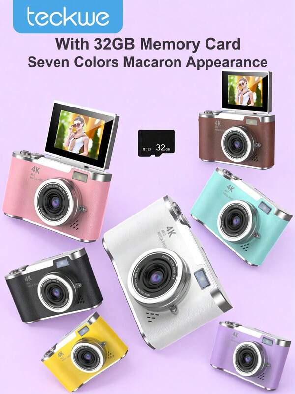 Teckwe 1 Pc 48 Mega Pixels 2.4 Inch Rotating Screen Digital Camera , Rechargeable Camera Ccd With 32g Memory Card & Multiple Filter Modes. Portable Anti-Shake Smart Zoom Portable Camera For Outdoor