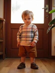 Áo len dệt kim kẻ caro màu kaki kiểu retro dễ thương và thoải mái cho bé trai, thích hợp mặc hàng ngày, đi du lịch, nghỉ mát, ở nhà, chơi đùa, mùa thu đông, Giáng sinh, tựu trường, áo len dài tay mùa xuân, thu đông, lễ hội cho bé trai, áo len trẻ em, áo len mùa thu, quần áo trẻ em kẻ caro. - Màu Khaki - Xem 6