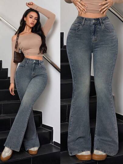 SHEIN Tall Jeans de tiro alto con bolsillos, de corte evasé, casuales y versátiles, con lavado vintage elegante para otoño/invierno