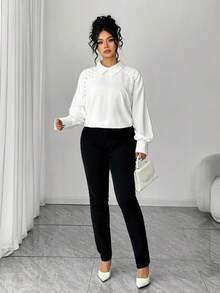 Elenzga Plus Size Asymmetrical Cut-Out Pleated Decor Button Down Long Sleeve Loose Blouse, Elegant For Outings, Commute, Dates, Gatherings - White - View 6