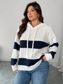 Calvaya 大码女式针织毛衣，厚连帽套头衫，腰部抽绳，拼色休闲日常穿着，冬季 - 彩色 - 查看 6