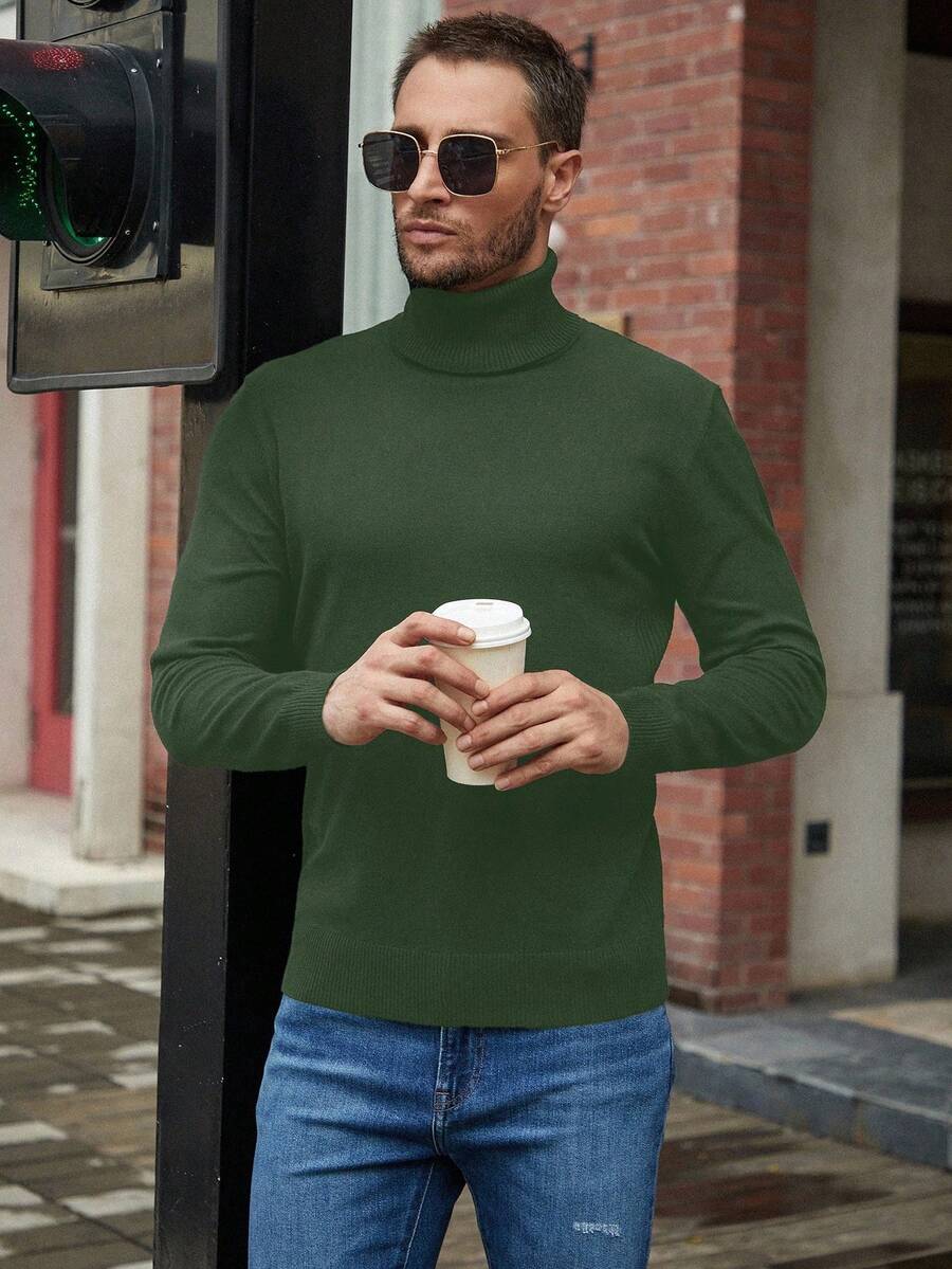 Manfinity Homme Men's Solid Color High Neck Raglan Sleeve Casual Minimalist Sweater - Army Green - View 1
