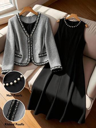 Regalyn Plus Size Women's 2-Piece Set: Elegant Black Contrast Pearl Beaded Trim V-Neck Long Sleeve Cardigan Jacket And Round Neck Pearl Embellished Maxi Dress, Suitable For Autumn/Winter Casual, Work, And Party Occasions