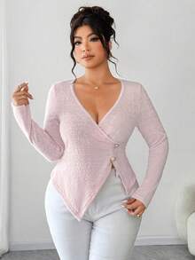 Elenzga Camiseta casual de manga larga con cuello cruzado en V para mujer talla grande, cómoda y de moda para uso diario, otoño/invierno