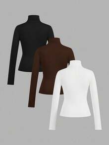 SHEIN EZwear 3件套女士黑色、棕色、白色休闲高领长袖紧身打底T恤套装，适合秋冬季穿着 - 彩色 - 查看 2
