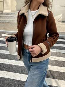 Chaqueta gruesa de otoño e invierno para mujeres - abrigo cómodo y cálido en el pelo compuesto, chaqueta versátil de moda, adecuada para varias ocasiones - Café oscuro - Ver 2