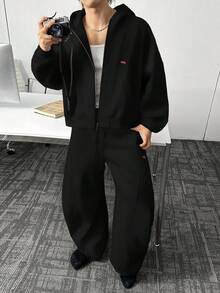 ESTAVOR Men's Street Fashion Embroidered Hoodie Sweatshirt Long Sleeve Sweatshirt - Black - View 4