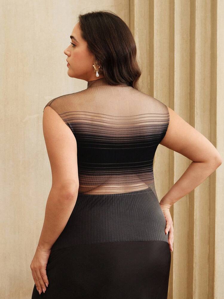 T-shirt court à manches courtes semi-transparent et élastique pour femmes grandes tailles