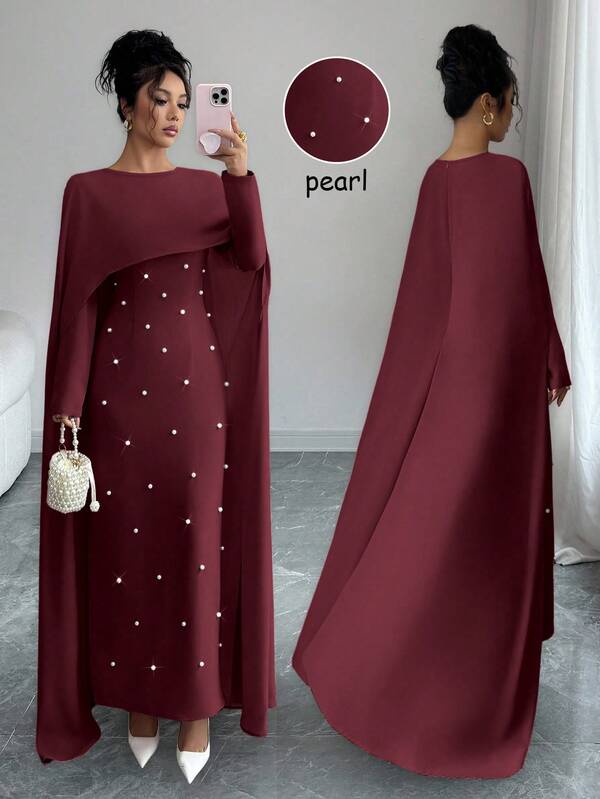 Elenzga Women's Autumn/Winter Knitted Round Neck Long Sleeve Umbrella Puff Pearl Decor Waist Fitted Maxi Party Dress, Elegant & Versatile, Christmas