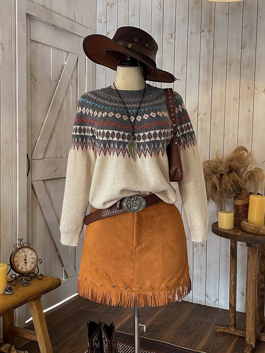 Wildy Geo Pattern Raglan Sleeve Sweater,Long Sleeve Tops In Fall/Winter