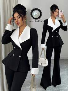Elenzga Women's Contrast Color Lapel Double-Breasted Long Sleeve Jacket And Flared Pants Elegant Suit Set - Black and White - View 8