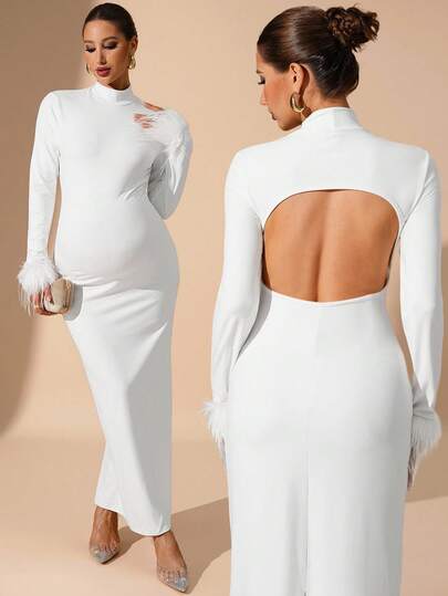 MaterniChic Vestido de Maternidade Elegante de Cor Sólida com Gola Alta, Punhos Felpudos e Recortes, Outono