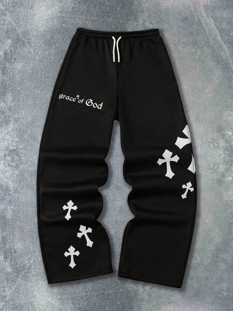 SHEIN Coolqubz 休闲街头风青少年男童宽松舒适五角星图案直筒运动裤，适合日常休闲和通勤，是秋冬季的时尚穿搭之选。