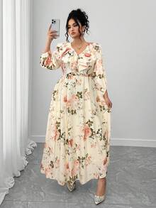 Elenzga 大码女式优雅波尔卡圆点印花V领荷叶边下摆长袖连衣裙 - 彩色 - 查看 4