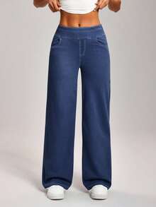 Flexra Plus Size Women Elastic Waist Pockets Wide Leg Loose Casual Jeans - Dark Wash - View 5