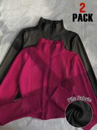 Noixe 2 piezas Chaqueta deportiva casual de calle para mujer en negro y burdeos, con cremallera y manga larga ajustada, abrigo exterior delgado de forro polar para otoño
