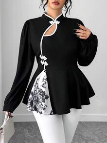 Elenzga Plus Size Women's Elegant Floral Print Ruffle Hem Blouse  Chinese Style Clothes  Dignified, Elegant, Stable, Suitable For New Year, Festivals, Parties, Camisa Plus Size Feminina - Black - View 6