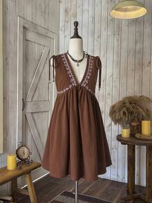 Wildy 棕色梭织无袖女士度假连衣裙 - 咖啡棕 - 查看 4