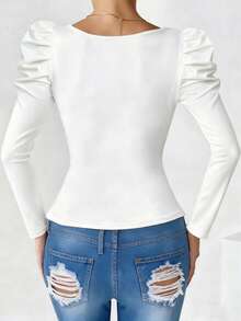 INAWLY 修身休闲性感前开拉链插肩袖长袖 T 恤 - 白色 - 查看 2