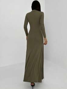 Aloruh Vestido Elegante Verde Militar com Cinto Franzido e Gola Amarrada para Mulheres - Verde - Visão 2
