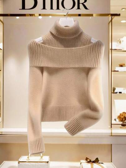 Franclia 新款秋季高领拼布露肩毛衣，优雅设计，柔软迷人的女士套头衫