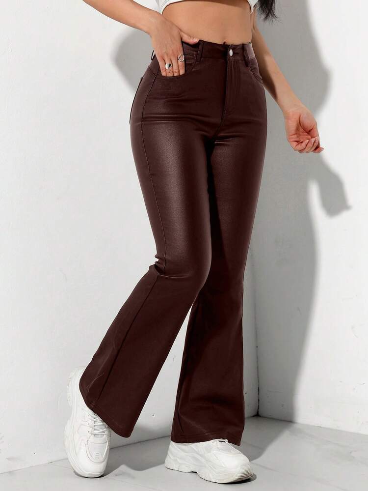 SHEIN PETITE Women's Casual Skinny Flare Leg Pants, Faux Leather - Burgundy - View 3