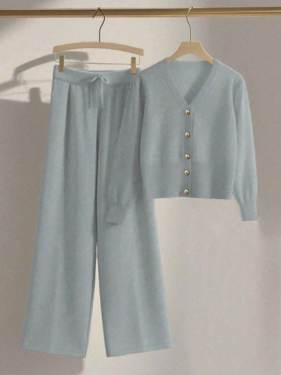 Franclia 2 件套女士休闲宽松针织毛衣和裤子家居服套装,舒适简约的设计 - 灰色 - 查看 1