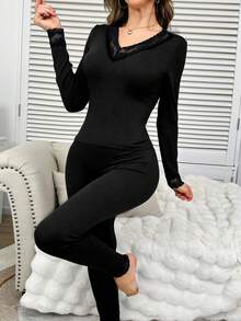 SHEIN Contrast Color Lace V-Neck Fitted Brushed Long Sleeve Top And Pants Women's Base Layer Set - Black - View 4