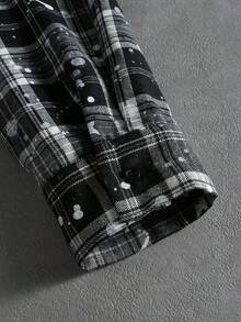 PAVTROS 男士休闲格子长袖衬衫，日常穿着，街头风，宽松版型，适合男士、情侣、印花、我爱我的男朋友、朋友、情侣装、男友 - 黑與白 - 查看 4