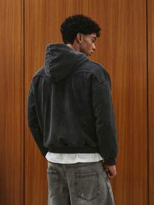 TOKVUE 男士字母刺绣长袖口袋休闲宽松连帽卫衣，秋冬 - 黑色 - 查看 6