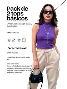 Set de 2 tops cortos para mujer, clásicos y casuales, multicolor. Cuello tipo tortuga, sin manga. Tela de nailon y elastano, aptos para temporadas de verano y primavera. Diseño ajustado con elástico ligero en los costados del top y collar con letra metálica decorativa. Muy frescos y cómodos, ideales para el uso diario. Te llegarán 2 tops en colores al azar. - Multicolor - Ver 6