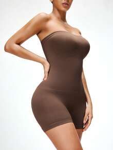 SHAPORA 一件式女士无肩带连体衣，收腹提臀 - 棕色 - 查看 8
