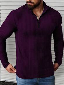Manfinity CasualCool 男士纯色长袖半开襟罗纹休闲T恤 - 紫羅蘭色 - 查看 6