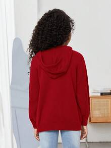 SHEIN 少女休闲宽松连帽长袖开衫毛衣，女童毛衣外套，大码针织开衫，少女夏季外套，秋冬季大地色系服装 - 紅色 - 查看 2