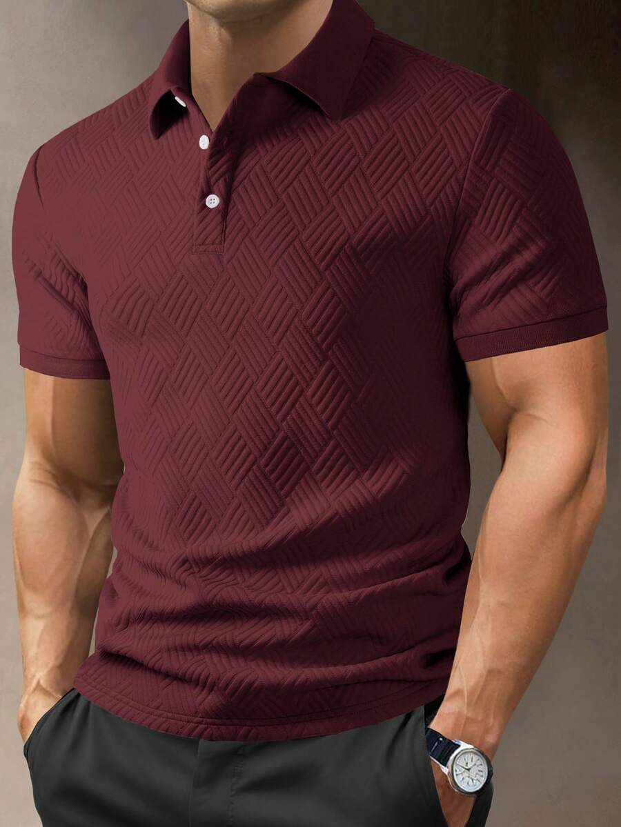 Manfinity Homme Men's Casual Solid Color Short Sleeve Textured Polo Shirt, Formal - Burgundy - View 1
