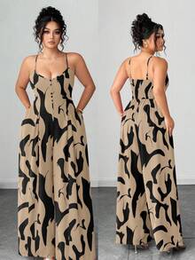 Elenzga Plus Size Women's Elegant Floral Print Adjustable Strap Jumpsuit, Waist Cinched, Suitable For Early Spring - Khaki - View 1