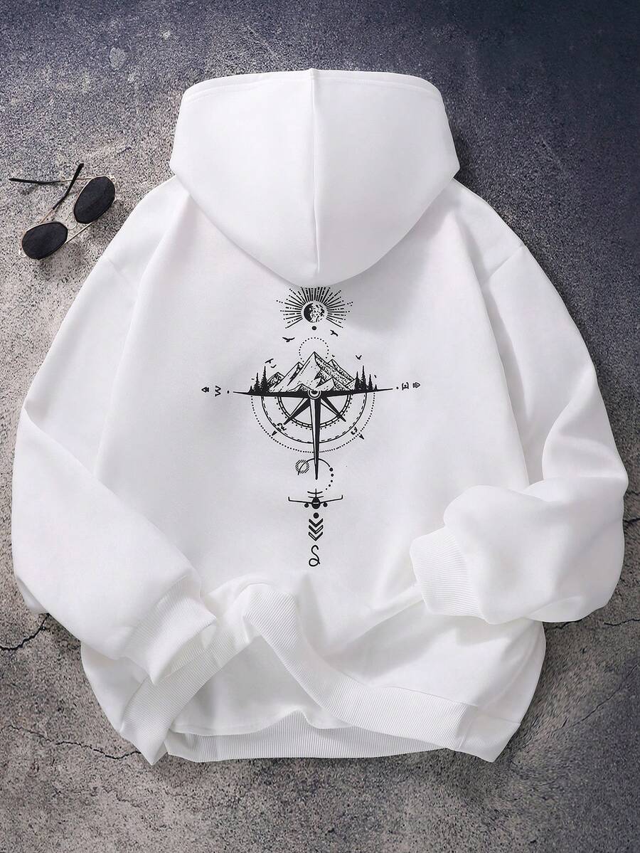 SHEIN 青少年男孩休闲街头时尚徽标印花白色连帽衫