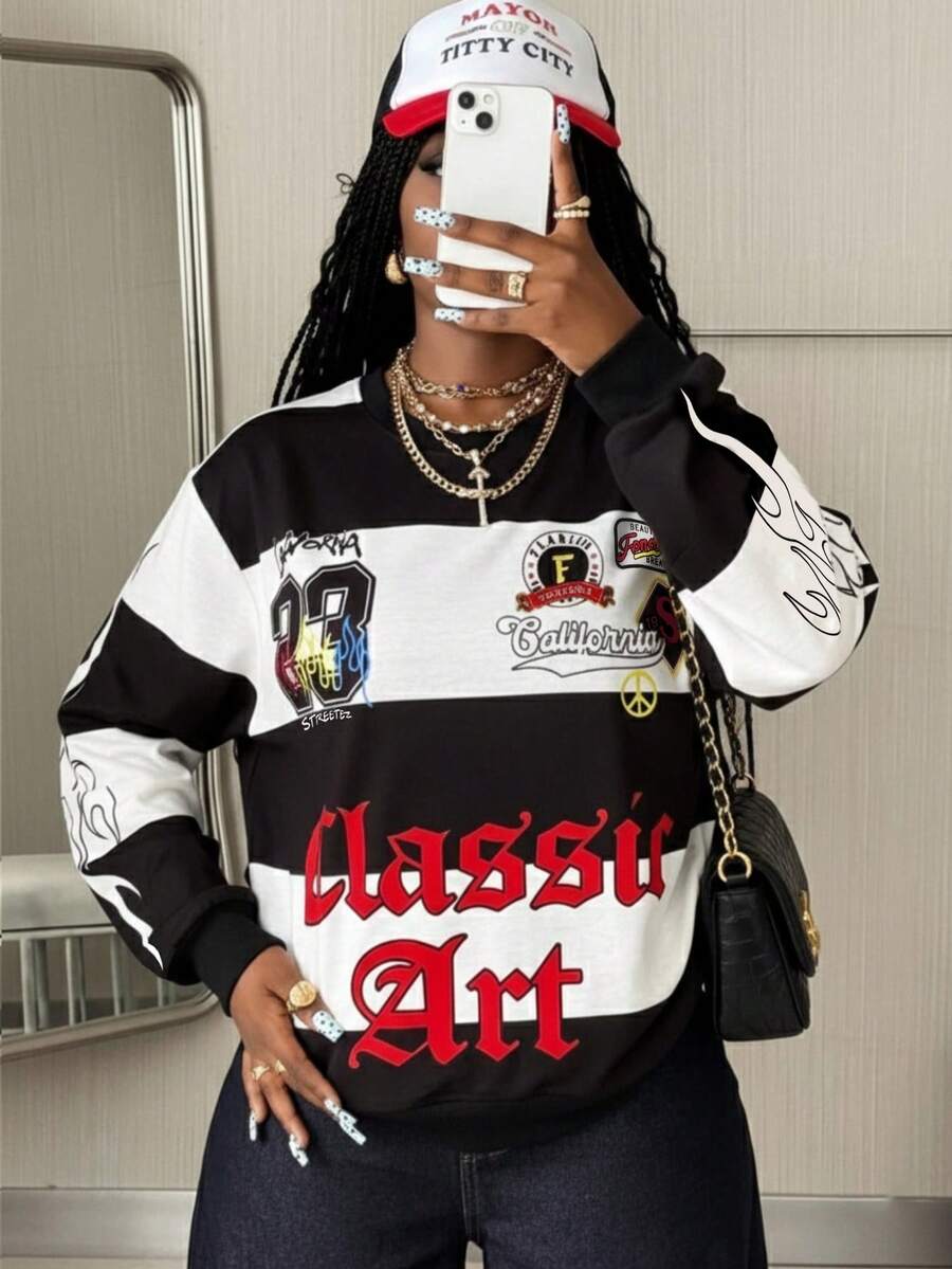 Rovax Y2K Streetwear Striped Numeric Badge Graphic Crew Neck Sweatshirt For Women - Black - View 1