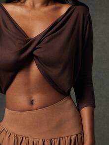 NYA SZN Top Sweater Long Sleeve Crop Twist Detail Loose Fitted Knitwear Holiday Gyaru Everyday Casual Business Office Back To School Romantic Night Out Festive Holiday Festival Fall Winter Carnival Outfits For Women - Brown - View 4