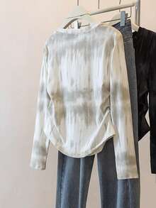 Resyla Fashionable Casual Fitted Long Sleeve Women T-Shirt, Tie-Dye Heart Embroidery - White - View 2