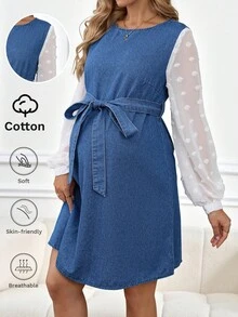 SHEIN Maternity Patchwork Round Neck Belted Casual Long Sleeve Denim Dress Winter Christmas New Year Thanksgiving Commuting Vacation Graduation Chic Y2k Cute Streetwear Party Wedding Elegant Business Casual Woman Casual Denim Dress Round Neck With Mesh Lantern Sleeves And Adjustable Waist Belt Christmas Maternity Dress Lace Denim Maternity Dress New Year Gathering Maternity Dress - Blue - View 7