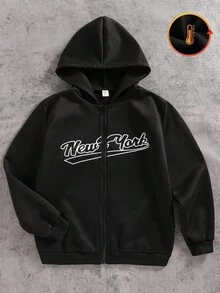 SHEIN Coolqubz 青少年纯黑色连帽拉链运动衫，适合休闲和运动穿着 - 黑色 - 查看 8