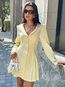 Chiquease Fashionable Crew Neck Side Pleated Short Dress - Yellow - View 1
